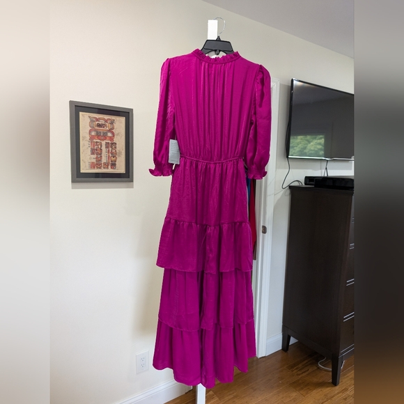 New MELLODAY Ruffle Tiered Satin Midi Dress in Magenta at Nordstrom - Picture 4 of 5
